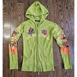 Vtg Y2K Ed Hardy Love Kills Slowly Green Zip Hoodie Size S Rhinestone Tattoo